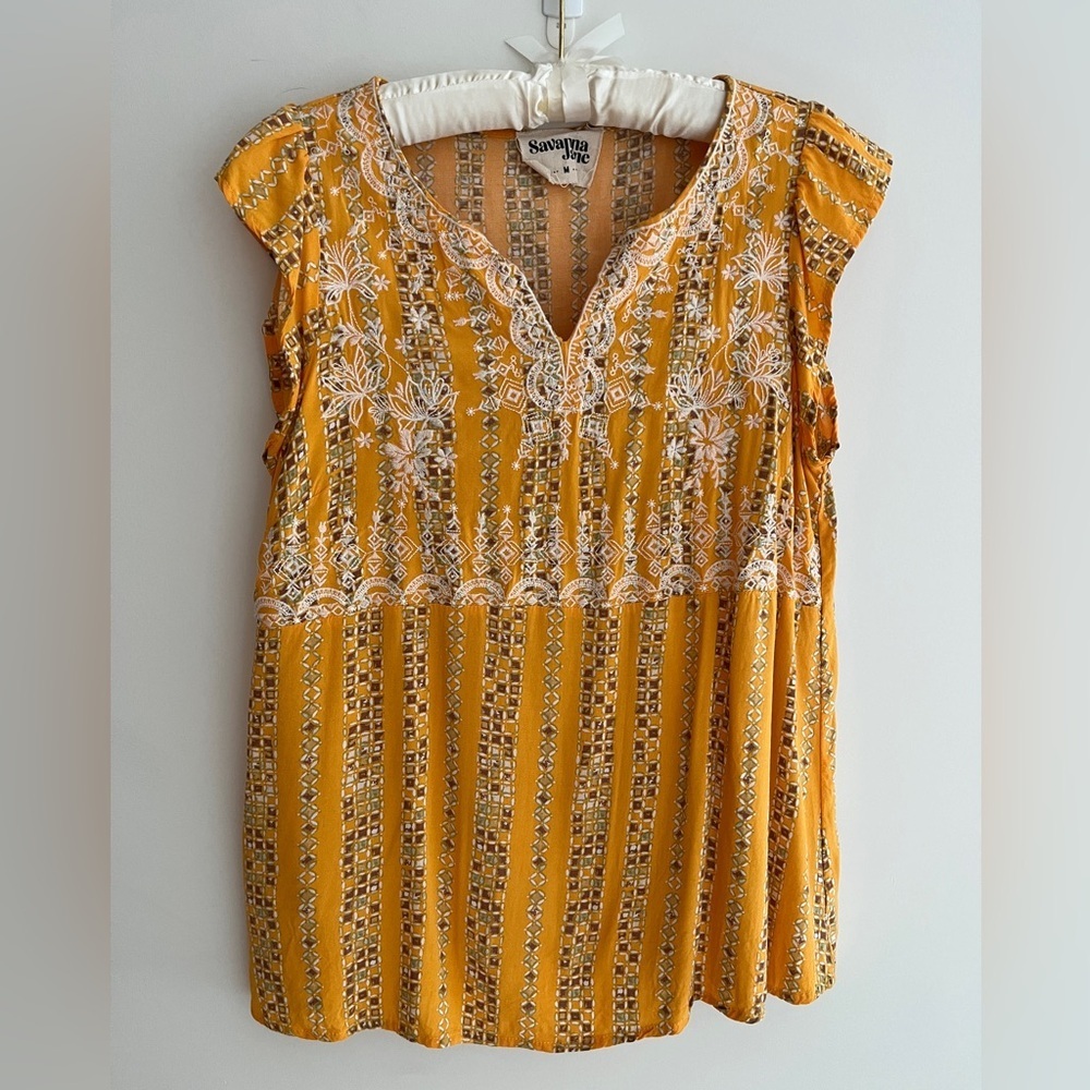 SAVANNA JANE Embroidered Cap Ruffle Sleeve Top Relaxed Fit Boho Lightweight